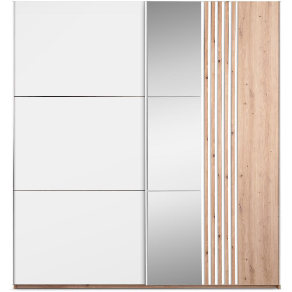 SCHWEBETÜRENSCHRANK Soria mit 2 Türen und Spiegel, 200 cm, Weiß+eiche Wotan - Eiche Wotan/Weiß, Holzwerkstoff (203/215/65cm) - Beautysofa