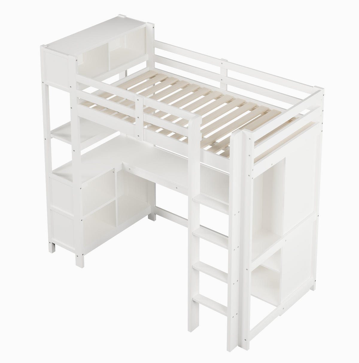 HOCHBETT 90/200 cm mit Schreibtisch, Regalen und Kleiderschrank, aus Kiefernholz und MDF, Weiß/Natur - Weiß, Holzwerkstoff (90/200cm) - Redom