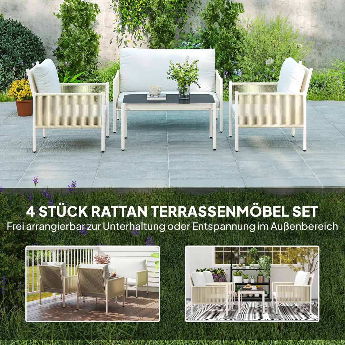 GARTENMÖBEL LOUNGE-SET DE-06736 4-teilig, mit Glastisch Braun/Grau - Hellgrau, Kunststoff/Metall - ComfortXL
