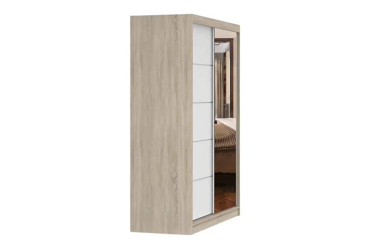 SCHWEBETÜRENSCHRANK VELMA 05 150/200 in Eiche Sonoma/Weiß mit Spiegel und LED - Eichefarben/Weiß, Holzwerkstoff (150/61/200cm) - Deine Möbel 24