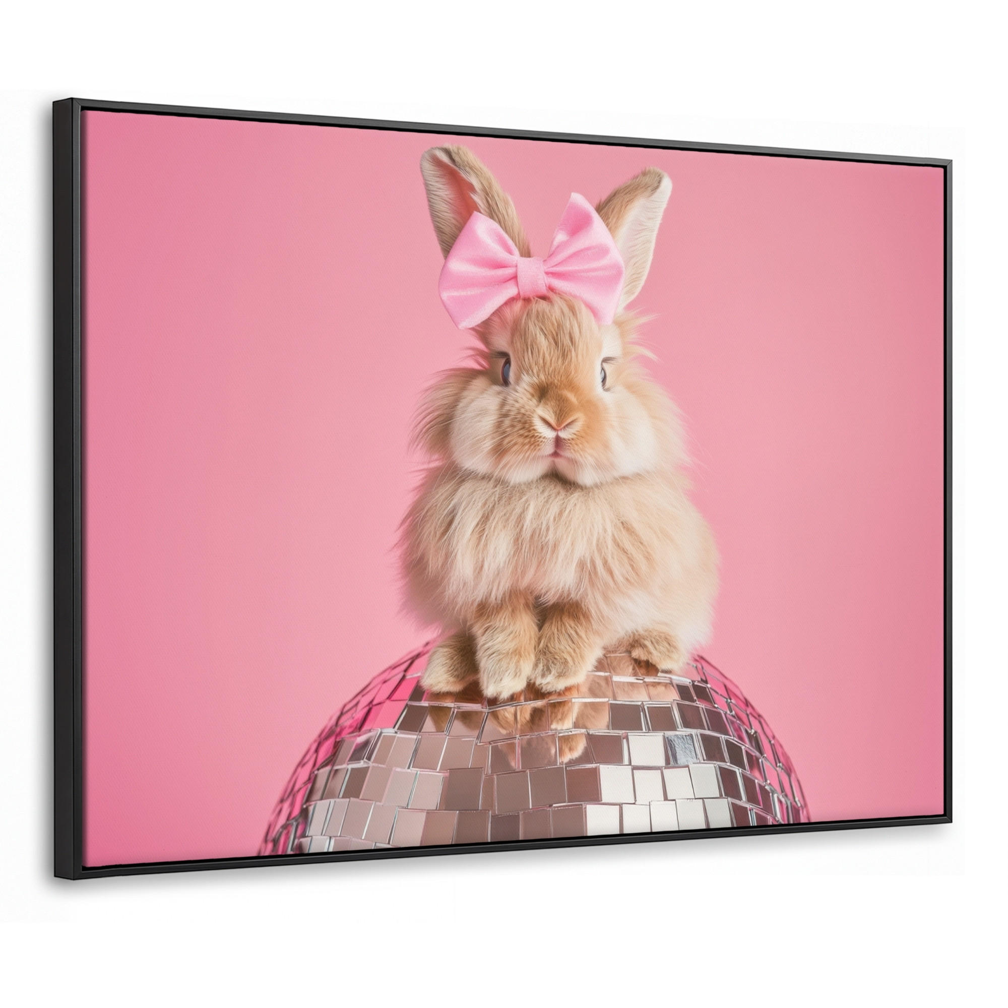 LEINWAND Bilder mit Rahmen - Schleife - Discoball - Kaninchen - 70x50 - Pink, Textil (70/50cm) - MuchoWow