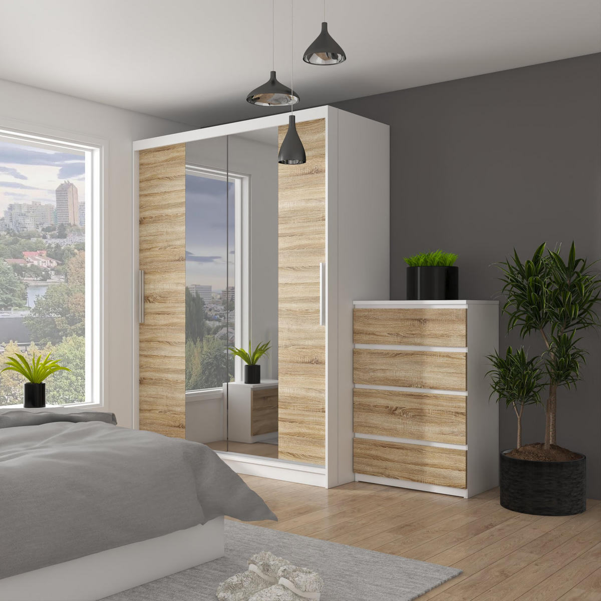 SCHWEBETÜRENSCHRANK Verona ME, Weiß/Sonoma Eiche Matt, 158 cm, mit Spiegel - Sonoma Eiche, Holz (158/216/60cm) - B BELINI GROUP