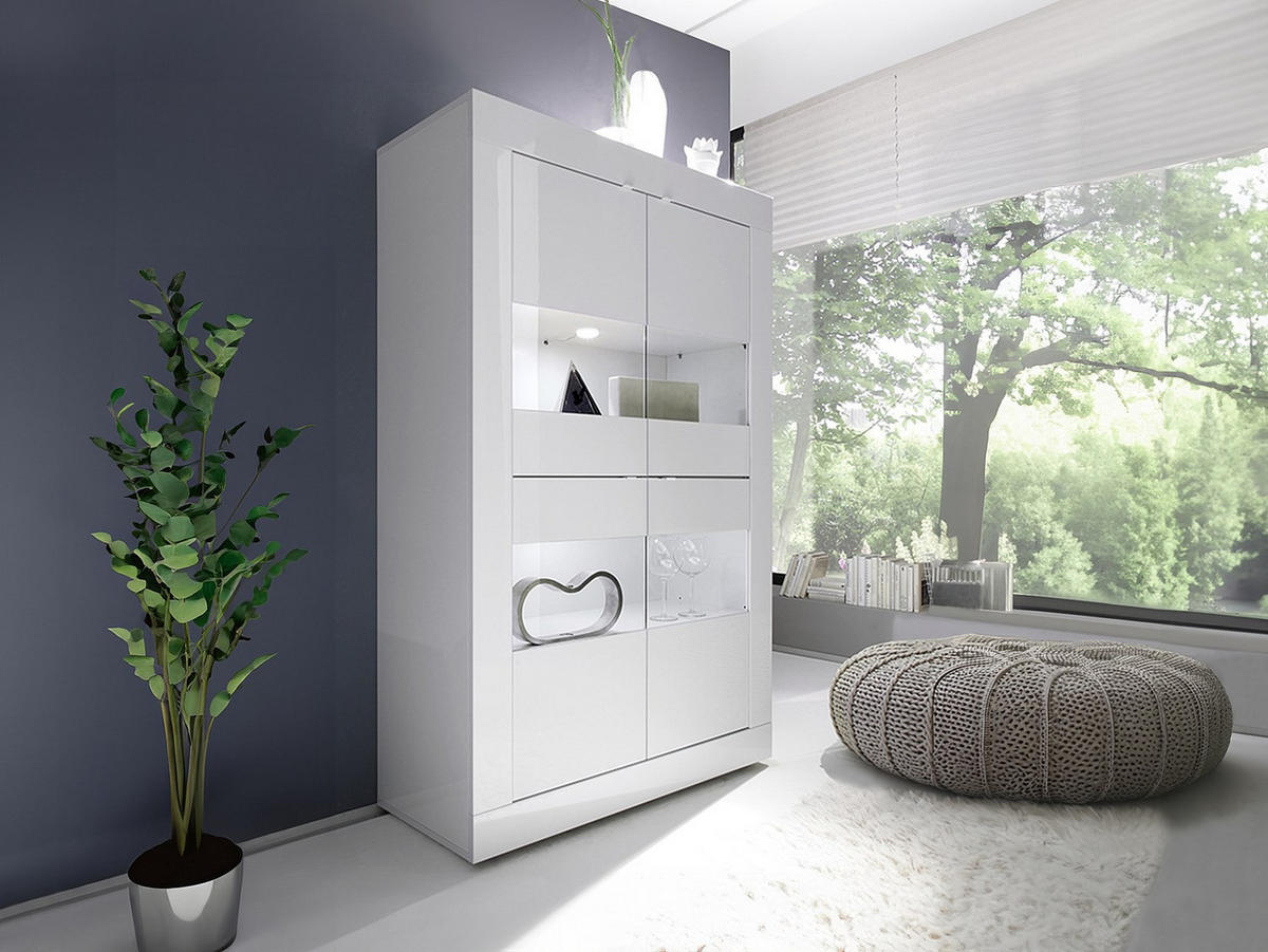 VITRINENSCHRANK mit LED-Beleuchtung + 4 Türen - Weiß lackiert - COMETE - Weiß, Holz (102/162/43cm) - Vente-Unique