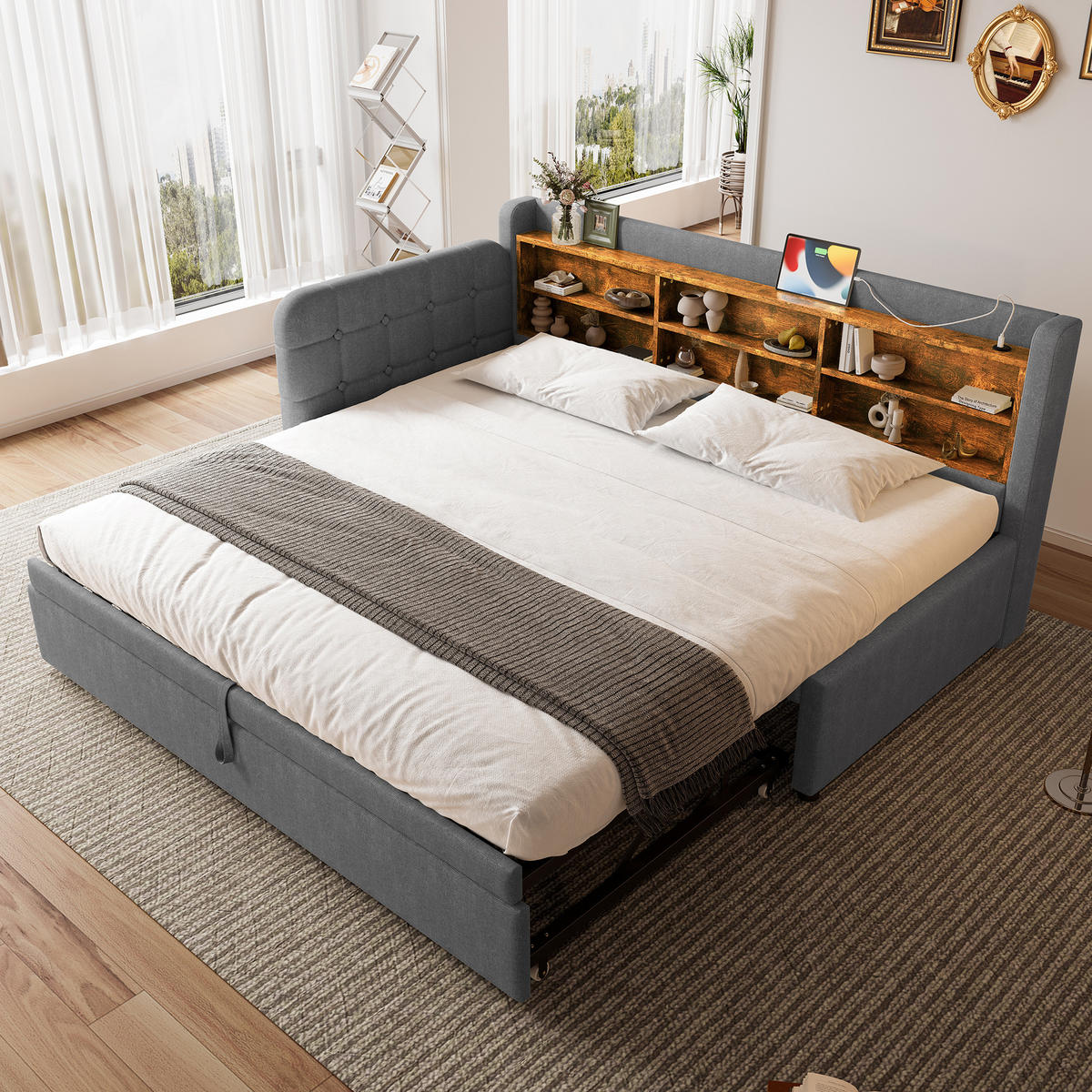 POLSTERBETT 90/180x200 cm Grau aus Leinen mit USB- und Type-C-Anschlüssen - Grau, Textil (90/200cm) - Flora Grace