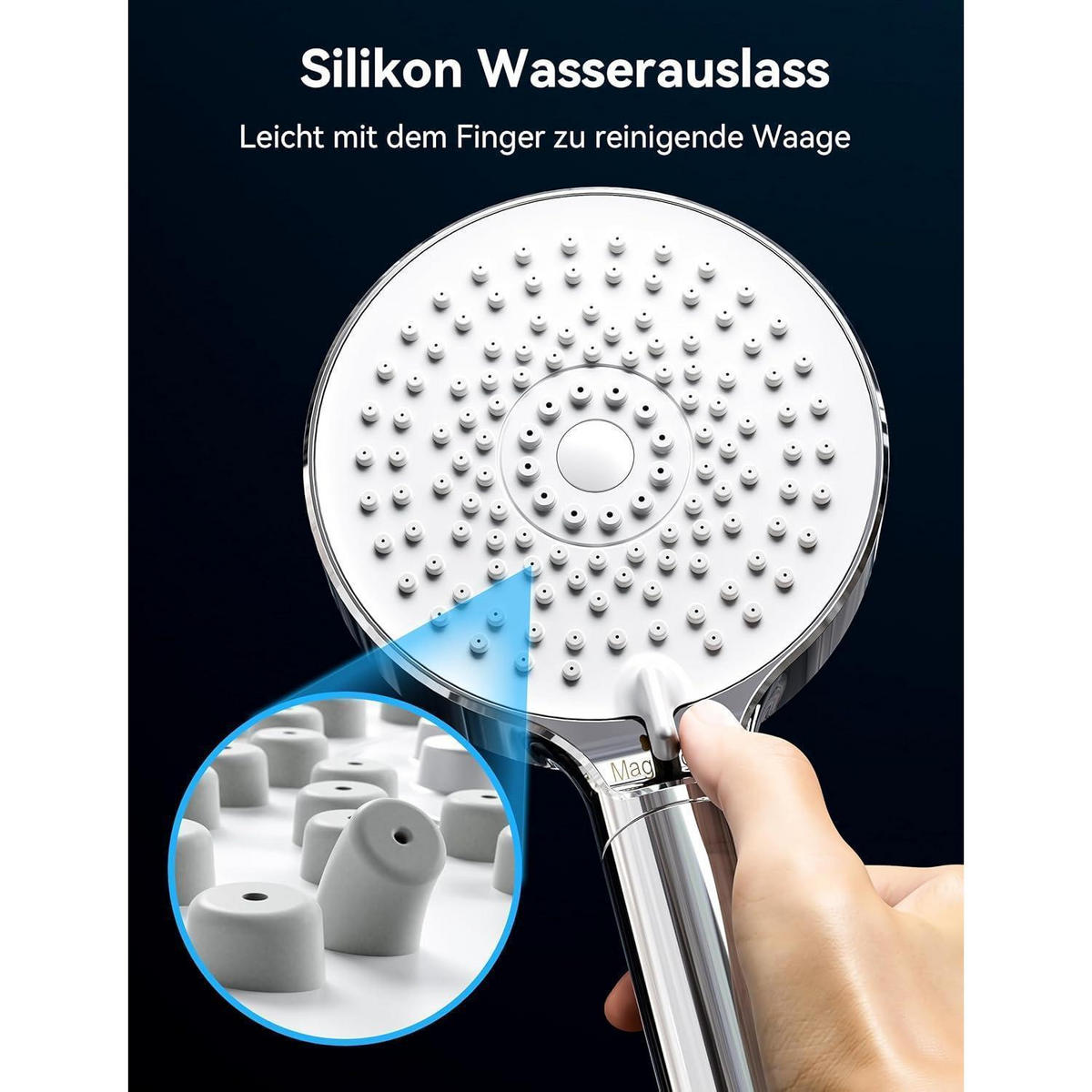 HANDBRAUSE mit 20-Schicht-Filter und 5 Strahlarten - Weiß, Metall (15/12.7/25cm)
