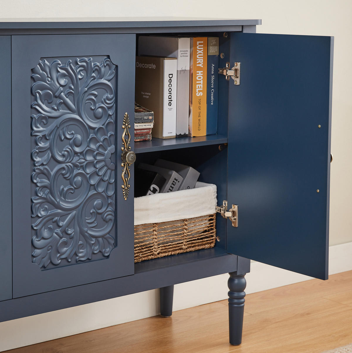 SIDEBOARD aus Spanplatte und MDF 160x40x89 cm Navyblau mit Reliefdekor und Stauraum - Dunkelblau, Holzwerkstoff (160/89/40cm) - IVMEU