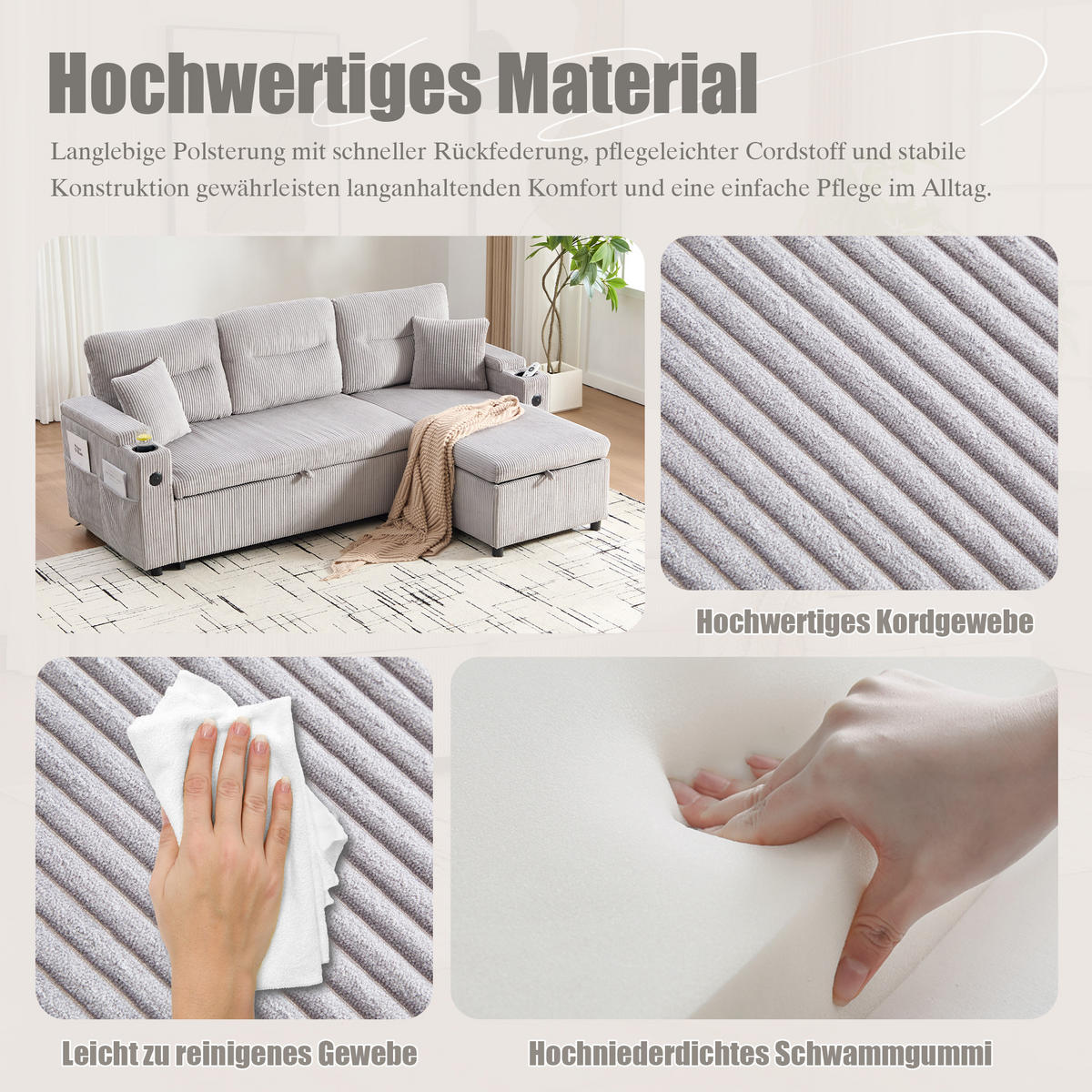 ECKSCHLAFSOFA 3-Sitzer Cord mit Schubladenbett und USB-Anschluss Hellgrau 212,5/136/86 cm - Hellgrau, Textil (136/212.5cm) - Redom