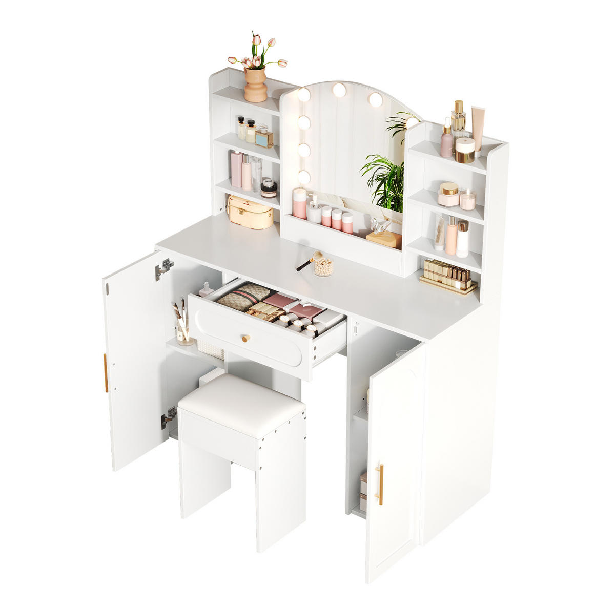 SCHMINKTISCH aus MDF und Spanplatte 110x40x132 cm Weiß mit LED-Spiegel, Hocker, 2 Schränken und Schublade - Weiß, Holzwerkstoff (110/132/40cm) - Modfu