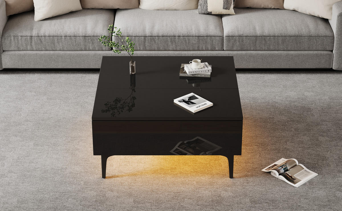 COUCHTISCH, höhenverstellbar mit Stauraum, LED, 70/70/35–48,5 cm, schwarz Hochglanz - Schwarz, Holzwerkstoff (70/70/35cm) - Redom