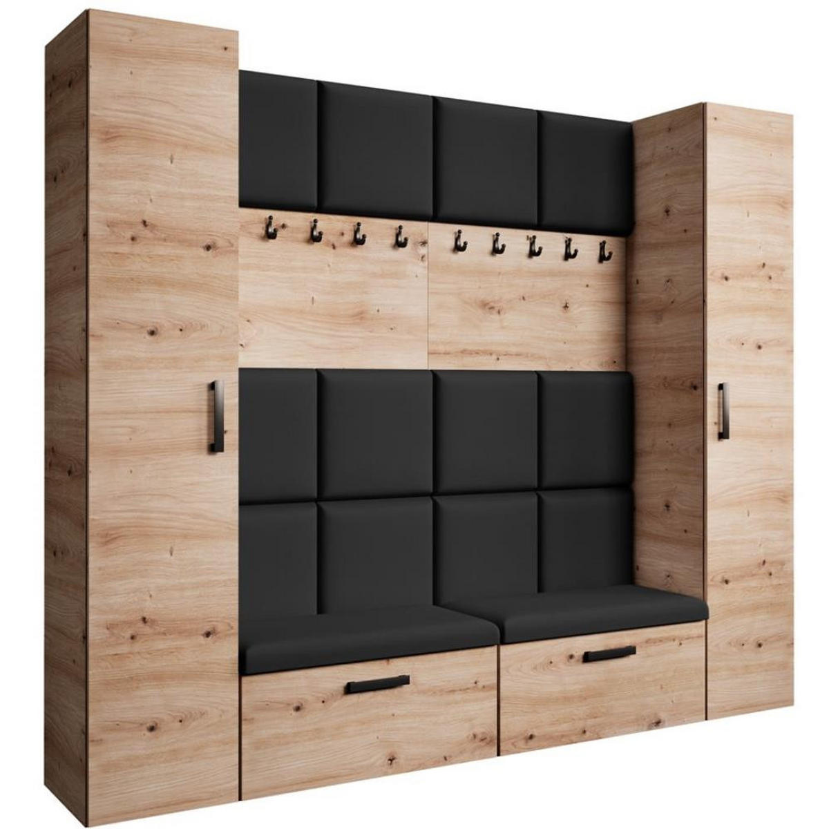 GARDEROBE Margaret XL 242/203/43 mit gepolsterten Paneelen und Schuhschrank - Schwarz/Eiche Artisan, Holzwerkstoff/Kunststoff (242/203/43cm) - Beautysofa