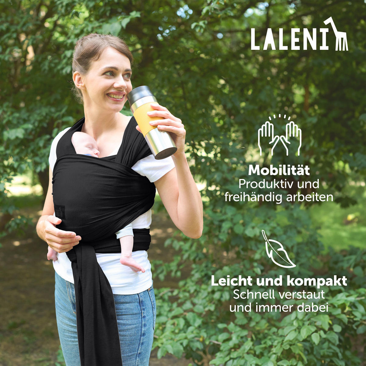 BABYTRAGEN für Neugeborene bis 15 kg - 100% Baumwolle (Ohne Elasthan) - Schwarz - Schwarz, Textil (60/5.1cm) - Laleni