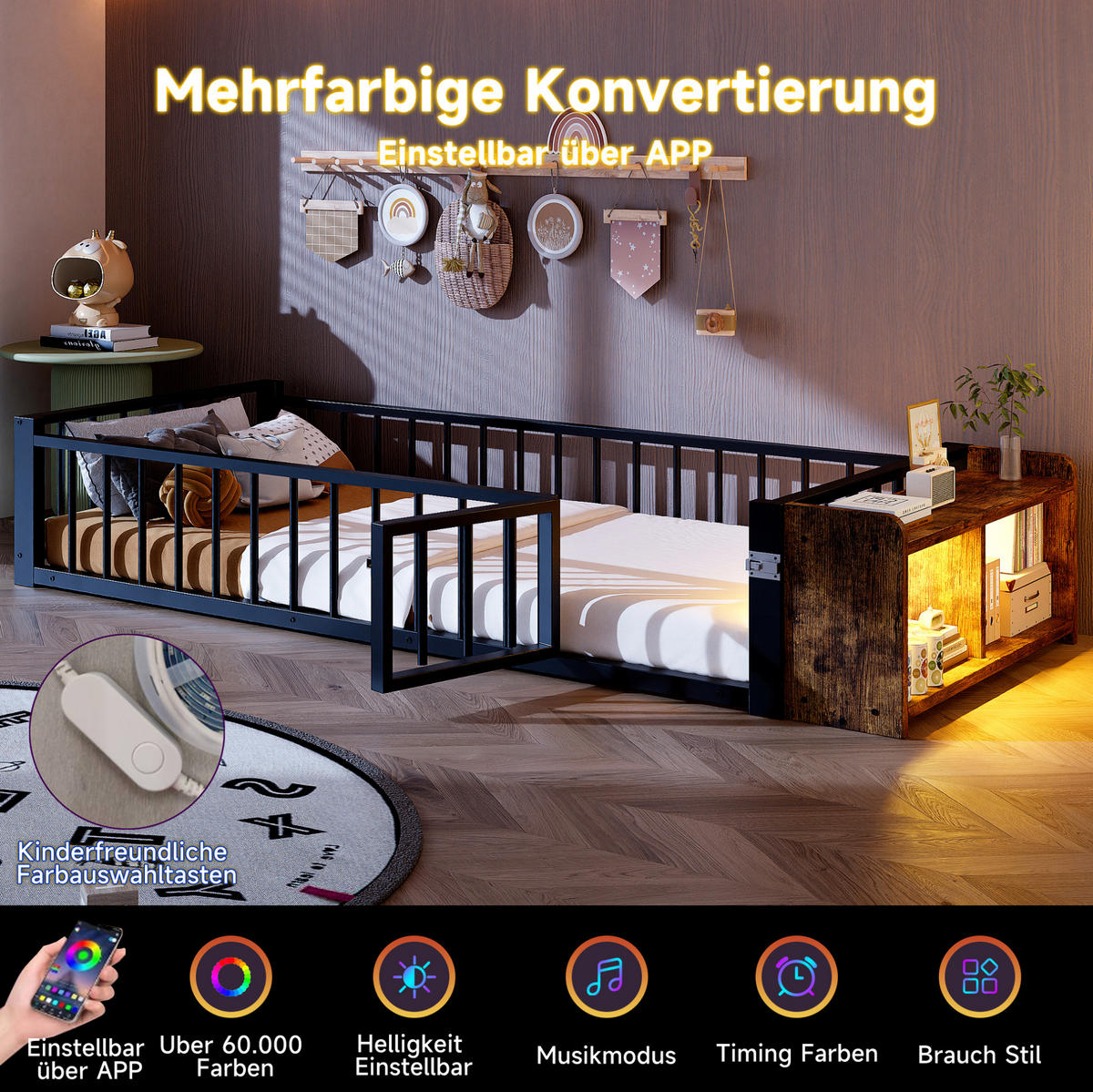 KINDERBETT 90/200 cm aus Metall mit Schutzgeländer und LED-Beleuchtung - Schwarz, Holzwerkstoff (90/200cm) - Flora Grace
