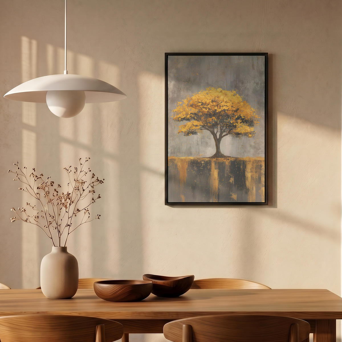 LEINWAND Bilder mit Rahmen - Baum - Blätter - Gold - Abstrakt - 40x60 - Grau, Textil (40/60cm) - MuchoWow
