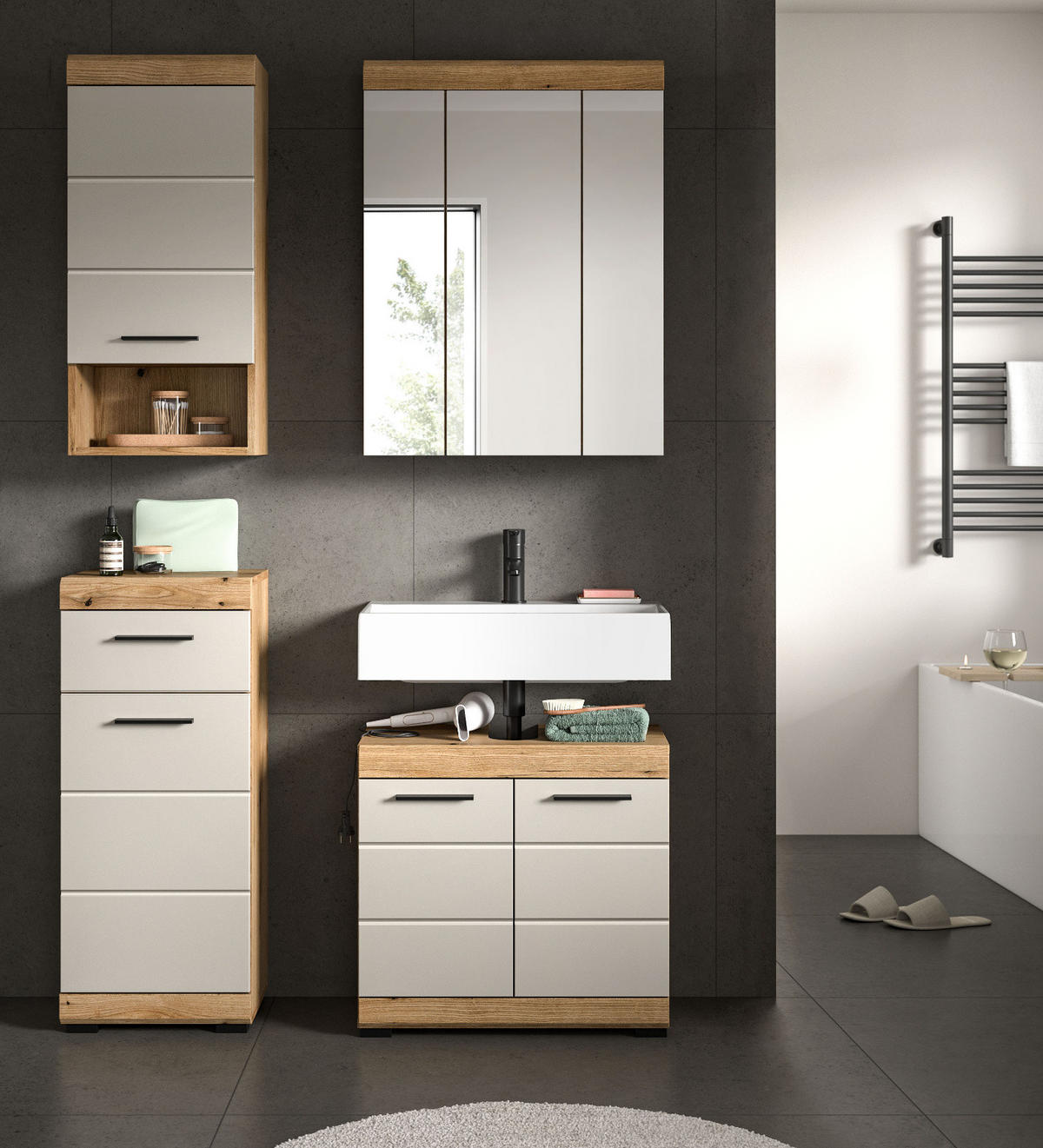 HÄNGESCHRANK Sand Kaschmir, Evoke Eiche, Badschrank hängend 37 cm - Kaschmir/Eichefarben, Holzwerkstoff/Kunststoff (37/79/24cm) - Inn.Furn