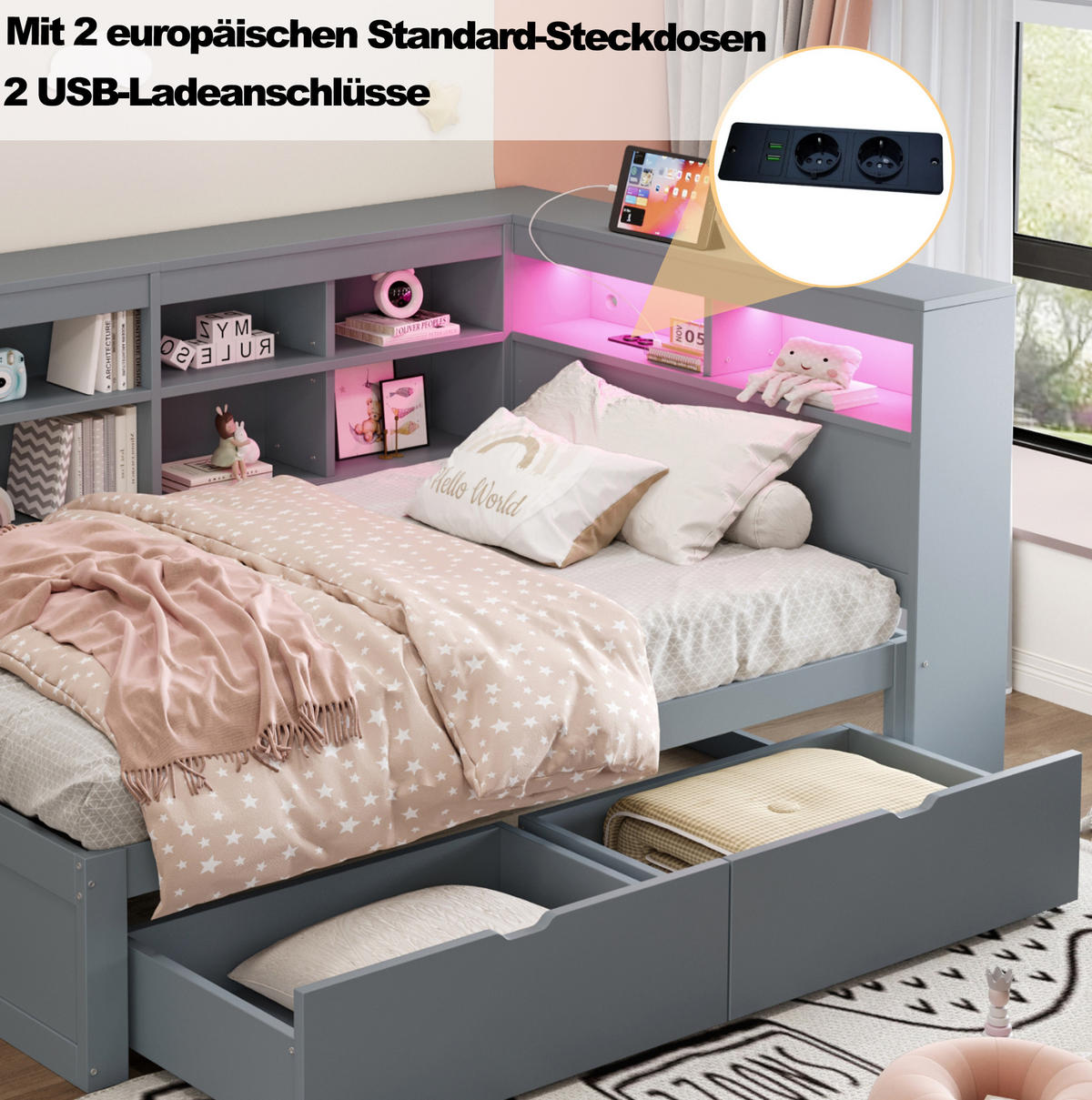 BETT 90/200 cm Grau aus Holz mit Stauraum, USB und LED - Grau, Holzwerkstoff (90/200cm) - OKMYHOME