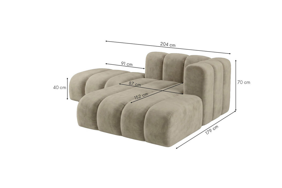 CHAISELONGUE Modulare Mit Hocker, Velvet-Stoff Riviera, Beige, Rechts, GRAND - Beige, Holz (204/179cm) - Kaiser Möbel