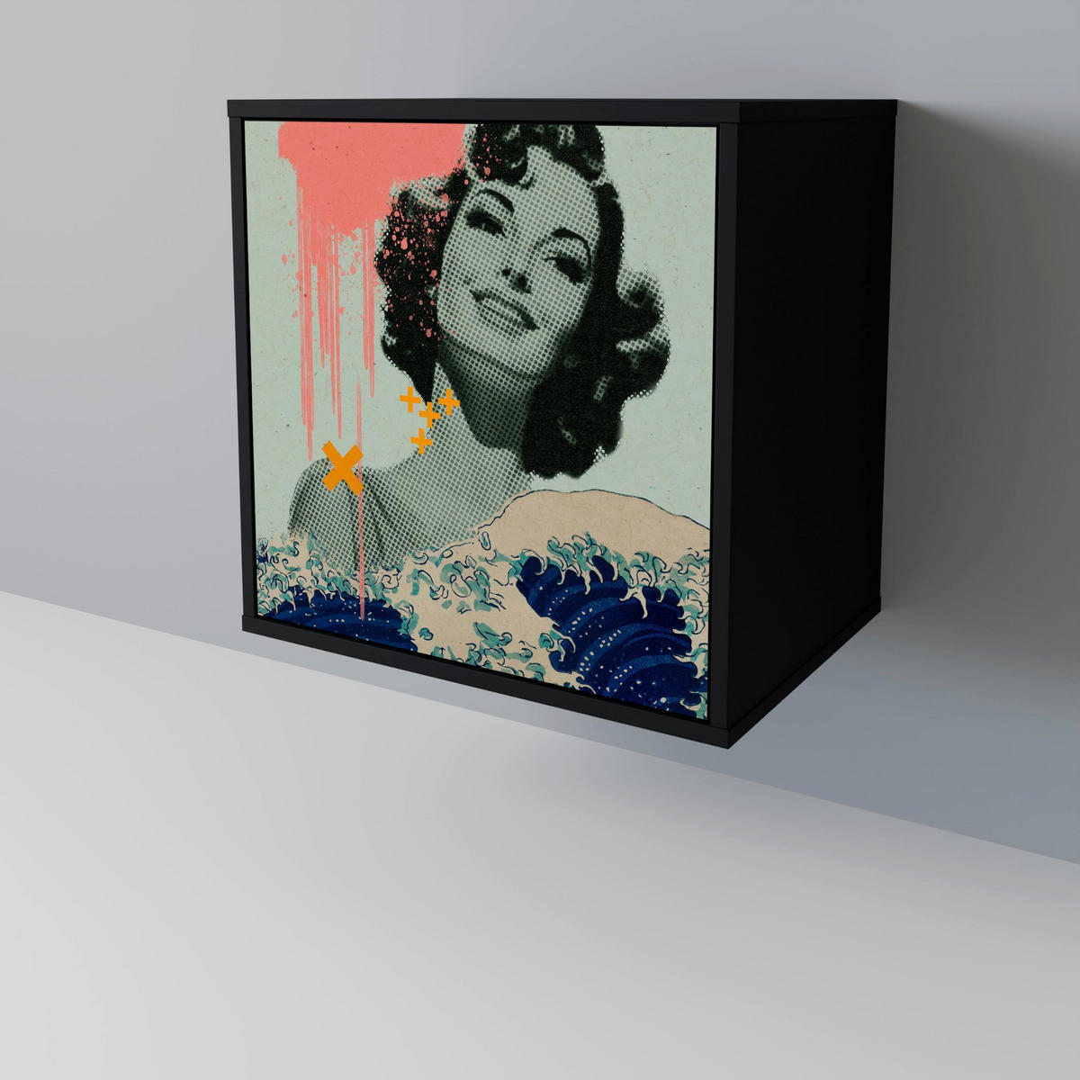 SIDEBOARD KANAGAWA BEAUTY, Schwarz, 57,5x42x72,5 cm, Schwarze Metallfüße - Multicolor/Schwarz, Holzwerkstoff/Metall (57.5/72.5/42cm) - SpaceRebels
