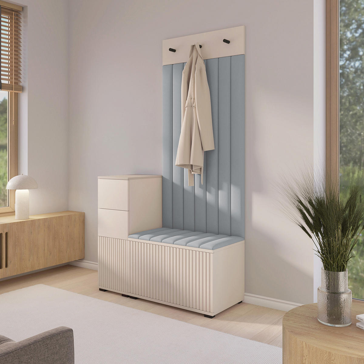 GARDEROBE Ritmo version 9 mit Spiegel, mit POLSTERPANEELEN Grau - Beige/Grau, Holzwerkstoff (100/185/40cm) - Jerpax