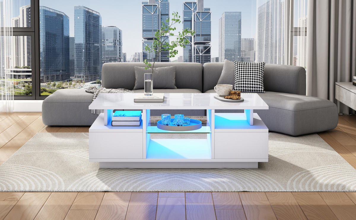 COUCHTISCH aus Spanplatte 100x50x36 cm in Weiß mit LED & 2 Schubladen - Weiß, Holzwerkstoff (100/50/36cm) - Modfu