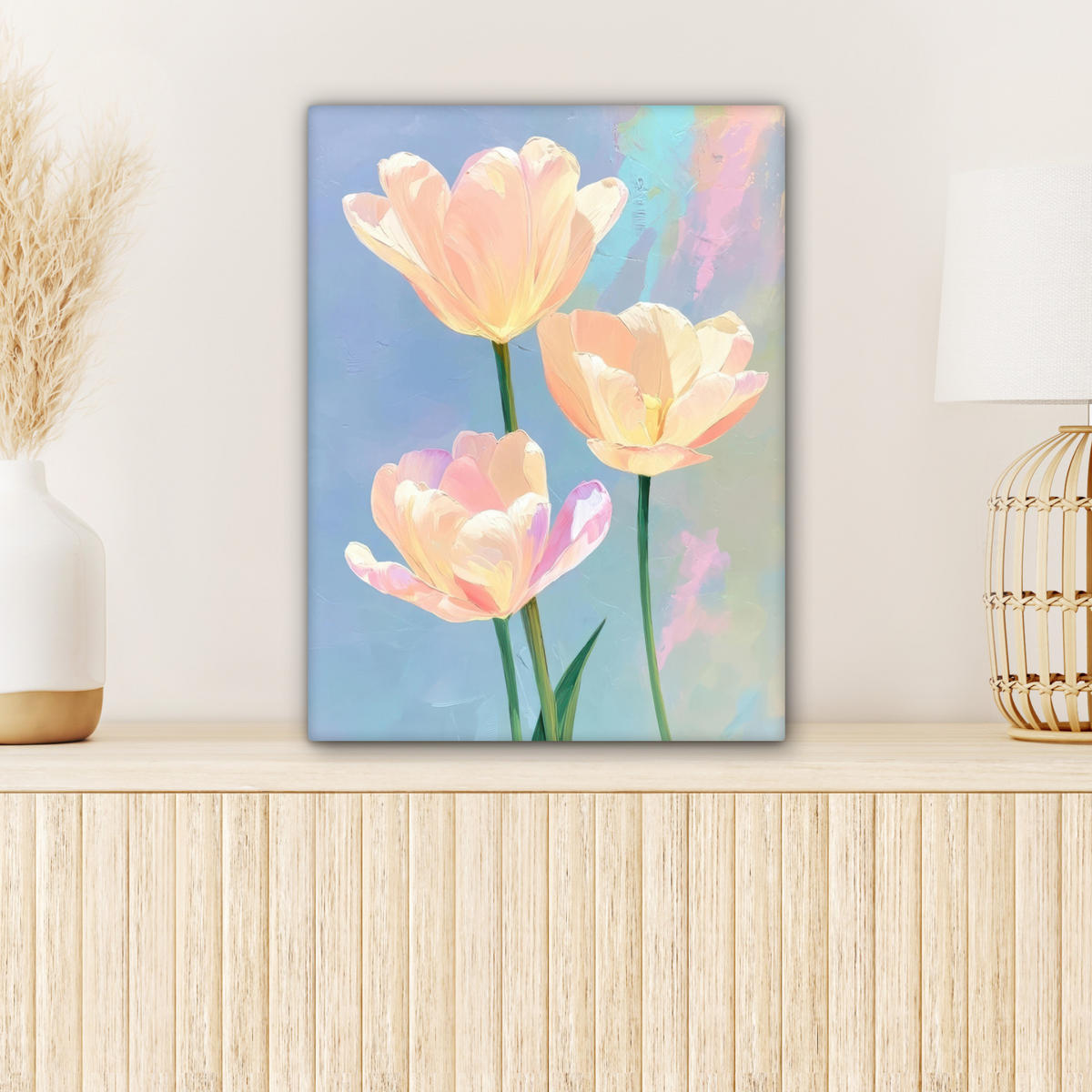 LEINWANDBILD Tulpen - Rosa Akzente - Blau Room Decor 30x40 cm - Pastellblau, Textil (30/40cm) - MuchoWow