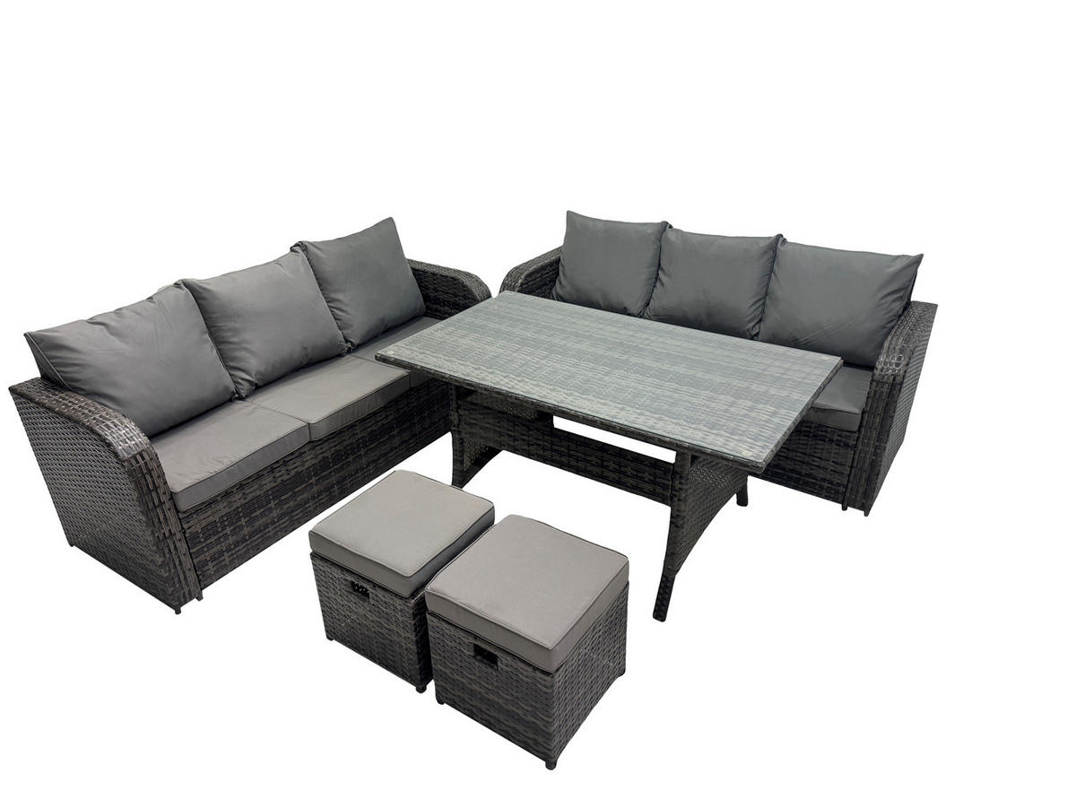 GARTENMÖBELGARNITUR mit Esstisch Polyrattan 8-Sitzer - Dunkelgrau/Grau, Glas/Kunststoff - Fimous