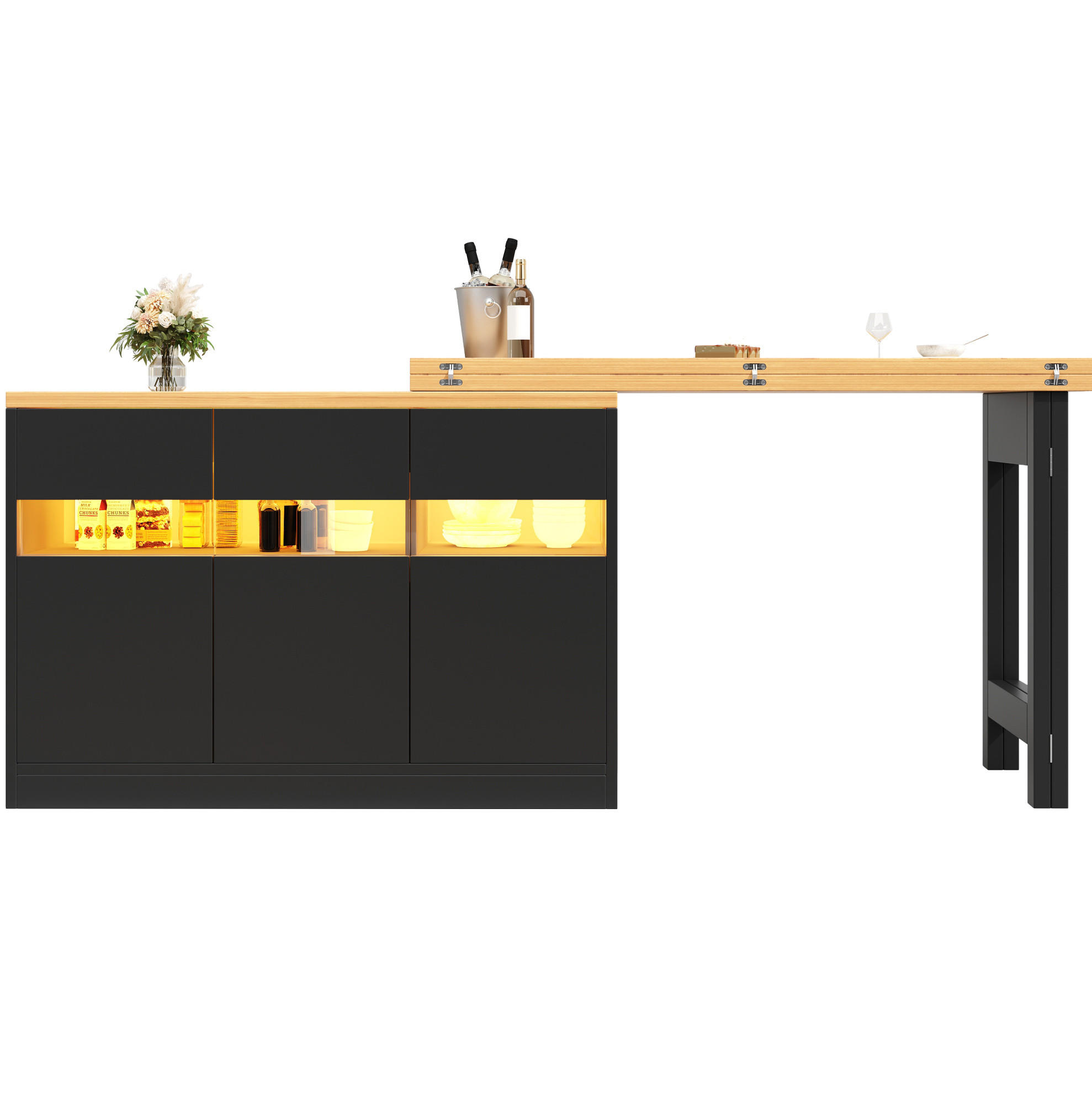 BARTISCH, MDF mit LED & 360° drehbar, ausziehbar 120-180/40/71,5 cm, Schwarz - Schwarz, Holzwerkstoff (40/71.5/107cm) - Redom