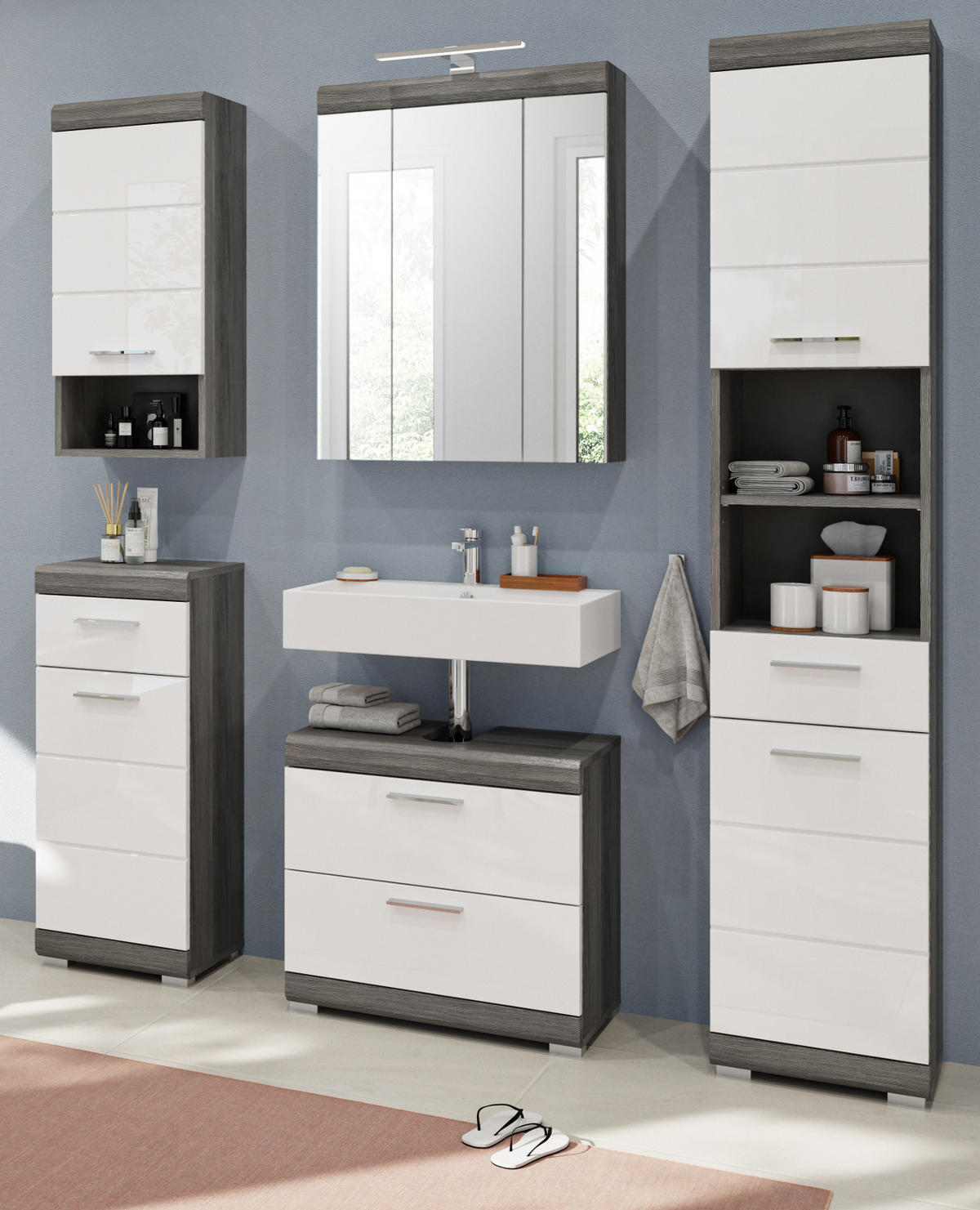 BADMÖBEL-SET weiß Hochglanz, grau 5-teilig 164 cm, Komplettset mit 20 Fächern - Weiß Hochglanz/Grau, Holzwerkstoff (164/191/34cm) - Inn.Furn