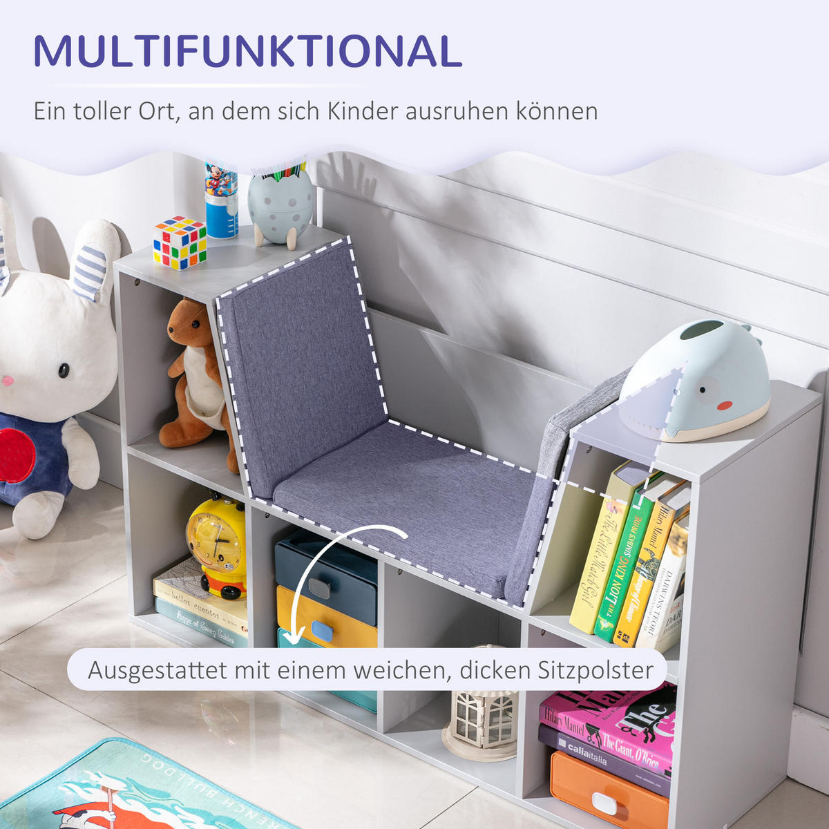 KINDERREGAL 2-in-1 Eckregal mit 6 Fächern Kindersitzbank mit Kissen Grau - Grau, Holzwerkstoff/Textil (30/62/103cm) - HOMCOM
