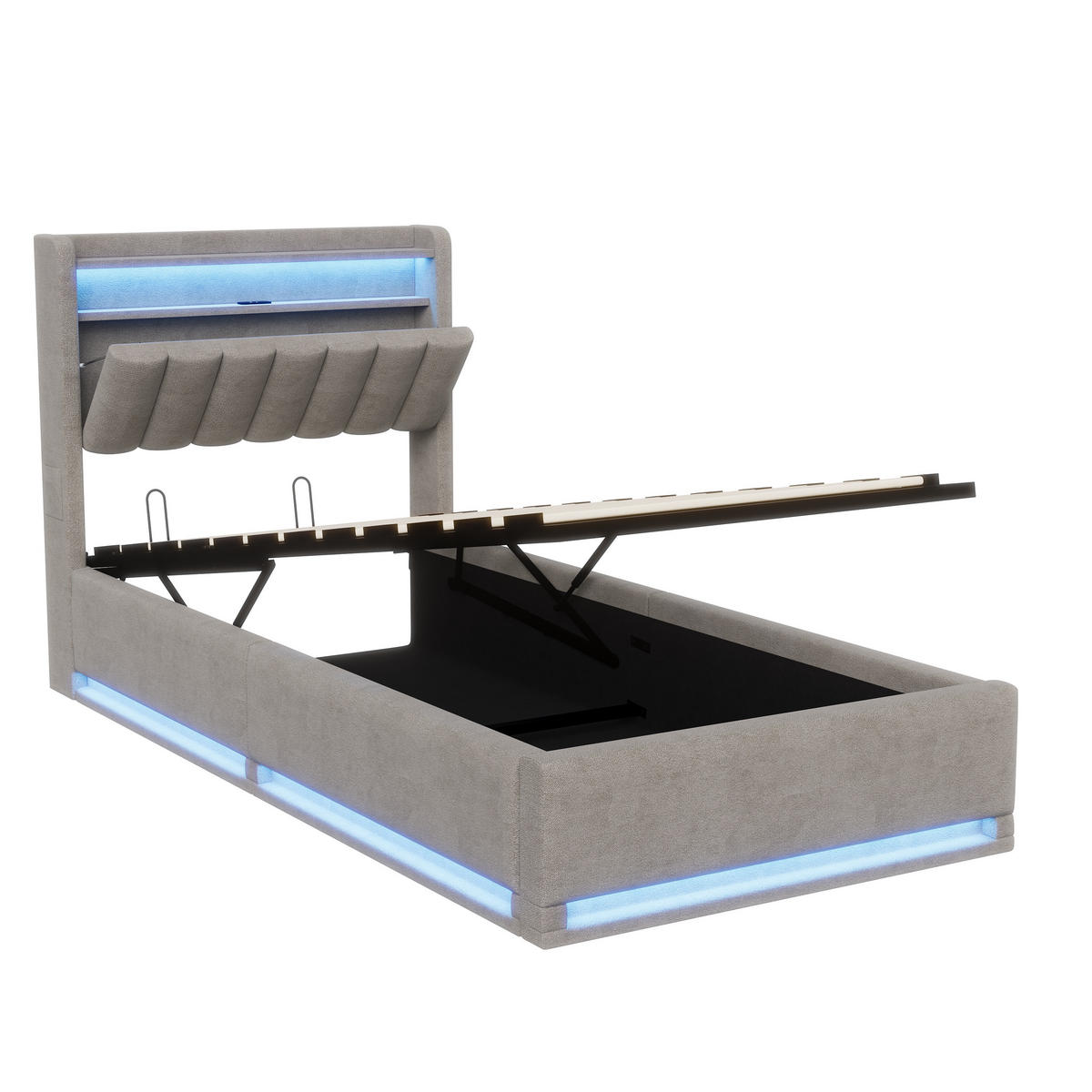 STAURAUMBETT 90/200 cm, mit LED-Beleuchtung, Kopfteil mit Stauraum, Regalen, Lattenrost aus Holz, Metallrahmen, gepolstertes Veloursbett, Grau - Grau, Textil (90/200cm) - Waldena