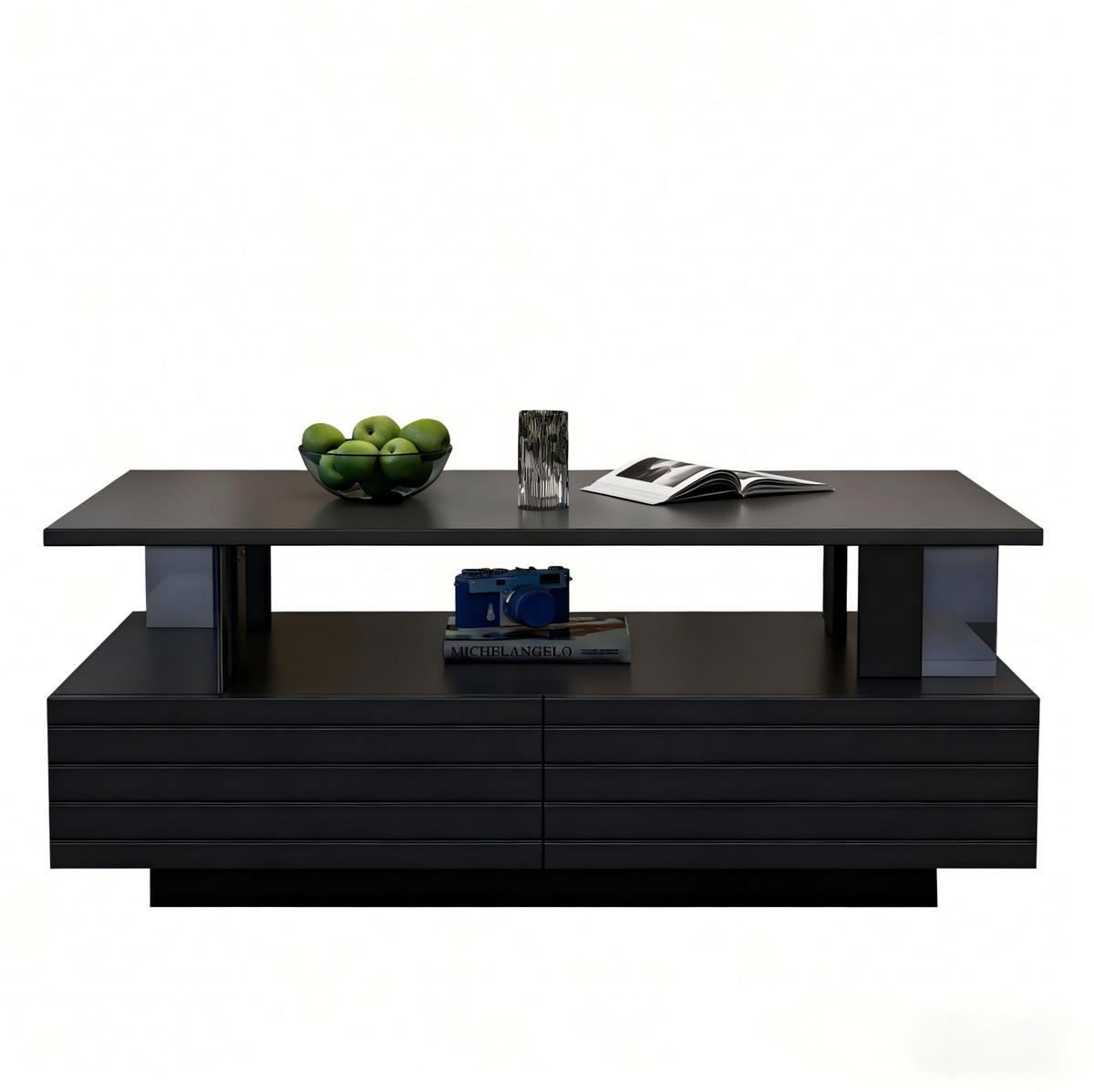 COUCHTISCH, Acryl Schwarz mit LED‑Beleuchtung, App- & Fernbedienung, doppelschichtiges Regal, 100/50/42 cm,Schwarz - Schwarz, Kunststoff (100/50/42cm) - Redom