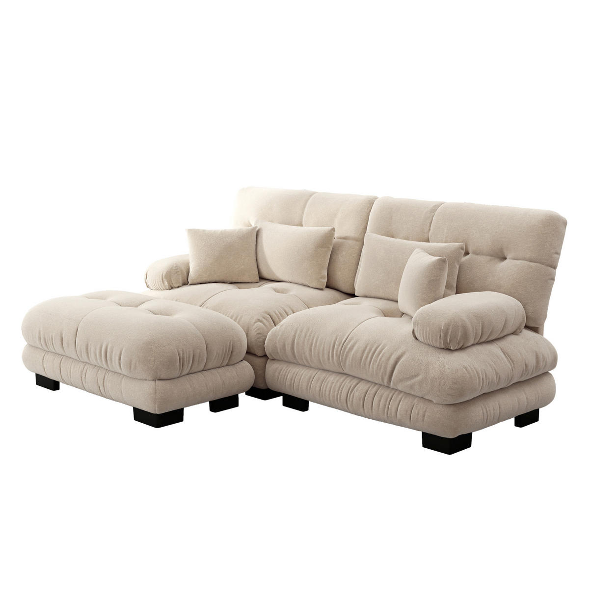 ECKSOFA aus Chenille Hellbraun mit beweglichen Ottomane-Elementen, breiten Armlehnen und Zierkissen - Cappuccino, Textil (220/145cm) - Modfu