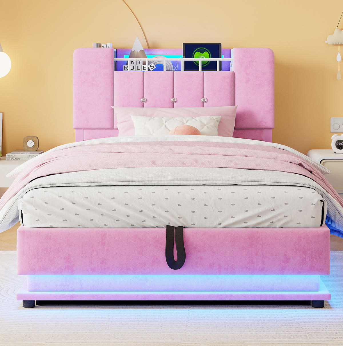 KINDERBETT aus Polsterung 90x200 cm Rosa mit LED-Beleuchtung, USB-Anschluss und hydraulischem Bettkasten - Rosa, Textil (90/200cm) - Modfu