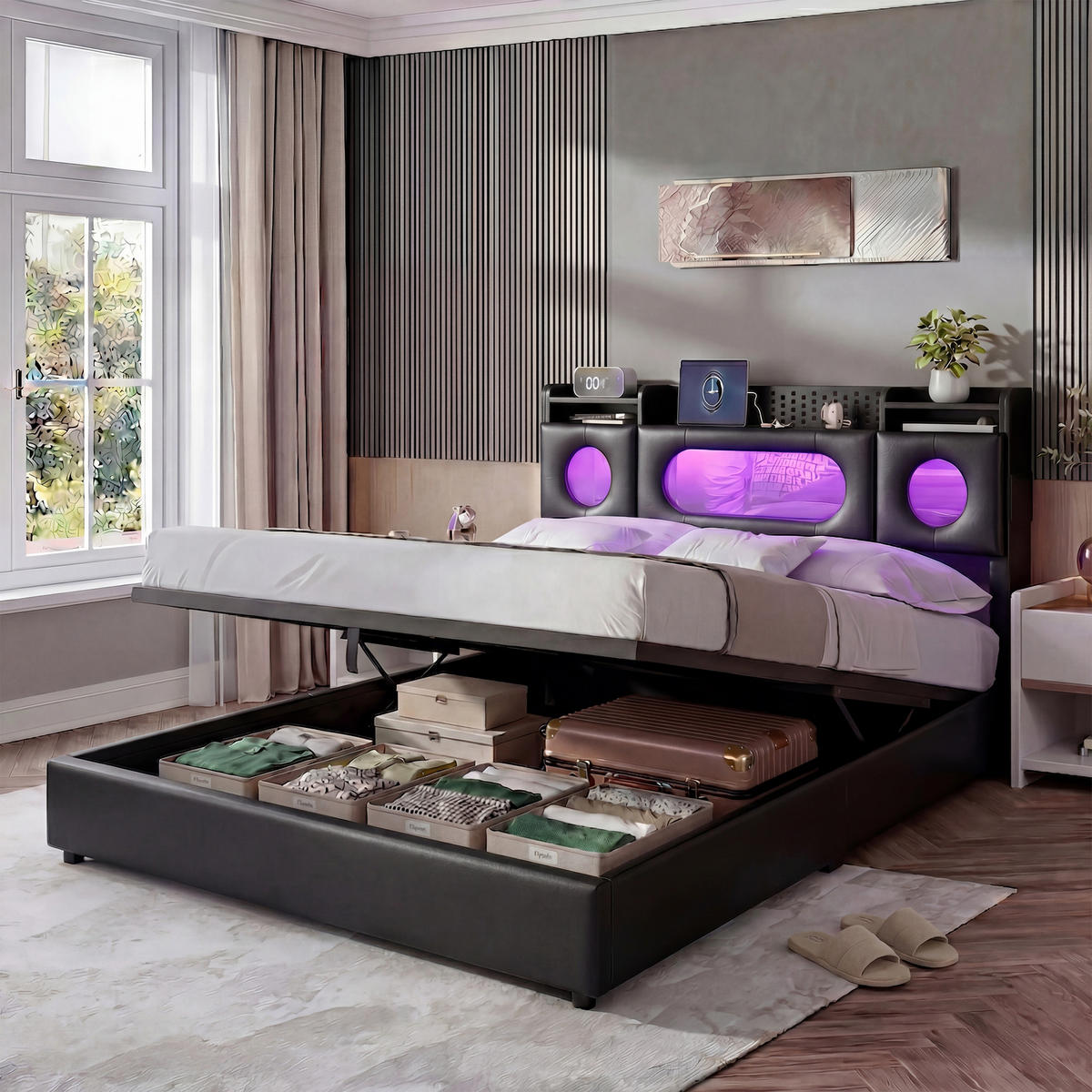 POLSTERBETT 140x200 cm Grau mit Kopfteil Stauraum und Ladefunktion, Bettgestell mit Lattenrost - Schwarz, Holz/Metall (140/200cm) - PARAFTA HOME