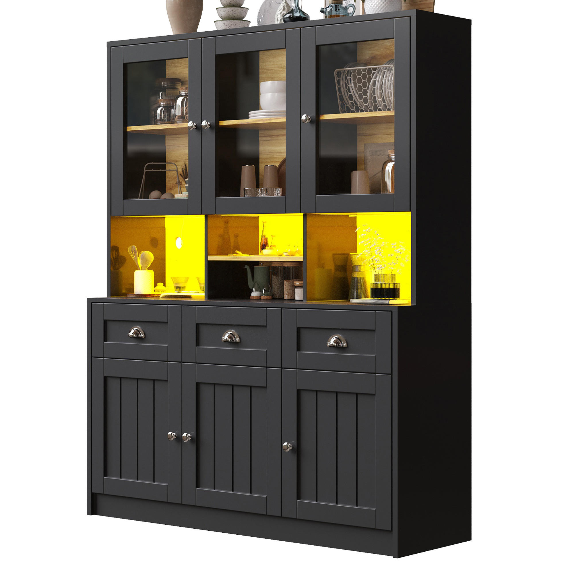 BUFFETSCHRANK 140/40/175 cm aus MDF mit LED-Beleuchtung, App-Steuerung und verstellbaren Einlegeböden, Schwarz - Schwarz, Holzwerkstoff (140/175/40cm) - Redom