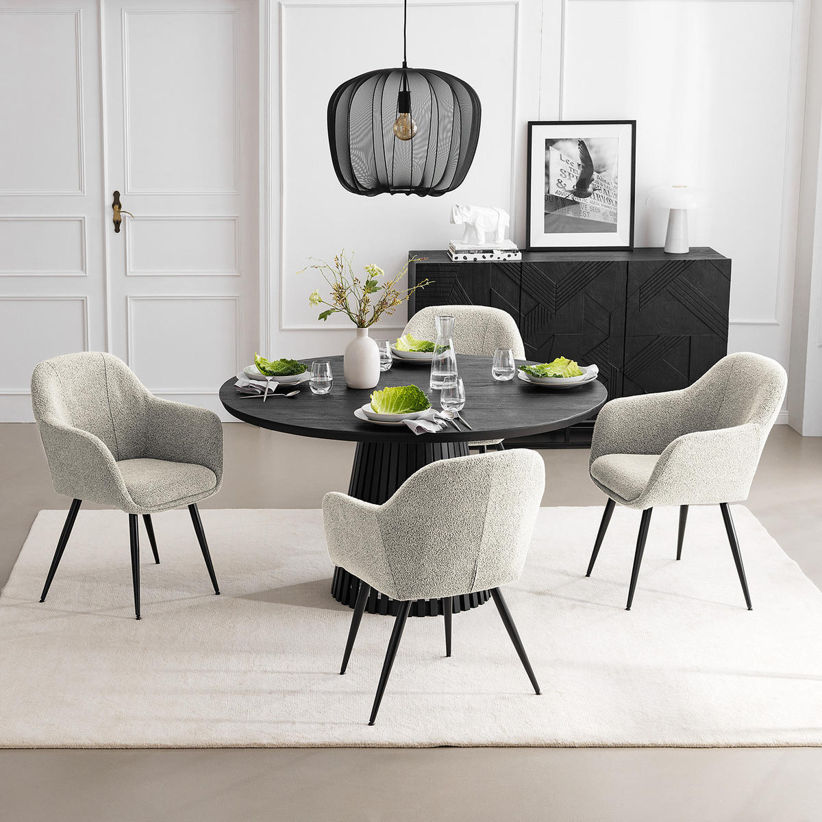 POLSTERSTUHL - Bouclé / Edelstahl, 2er-Set - Beige/Schwarz, Textil (56/84/47cm) - home24