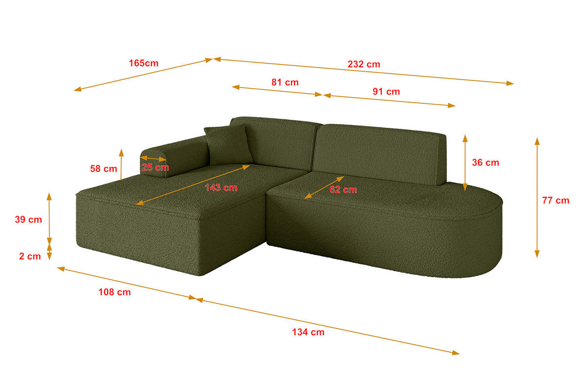 ECKSOFA Ottomane Links IREA-L1-v3 - 232x165x77 cm Grün - Platinfarben, Holzwerkstoff/Textil (232/165cm) - ALTDECOR