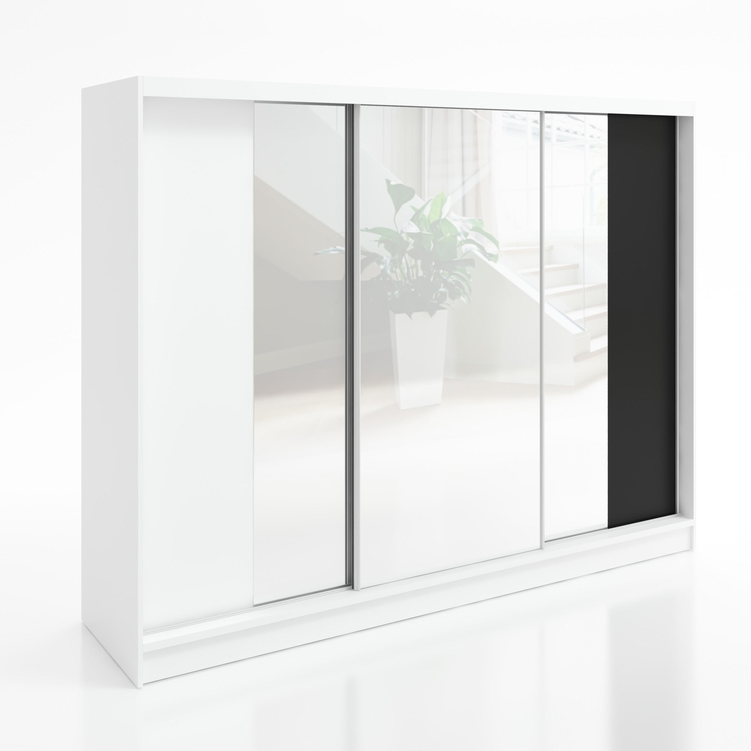A&J MöbelLand SCHWEBETÜRENSCHRANK Weiß, Weiß, Schwarz 200cm × 60cm × 215cm