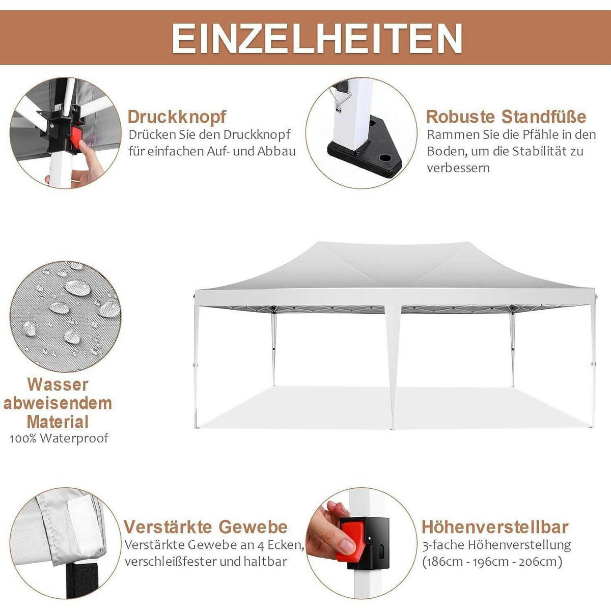 FALTPAVILLON 3 x 6 m Weiß Wasserdicht mit 6 Seitenteilen - Weiß, Textil (300/206/600cm)