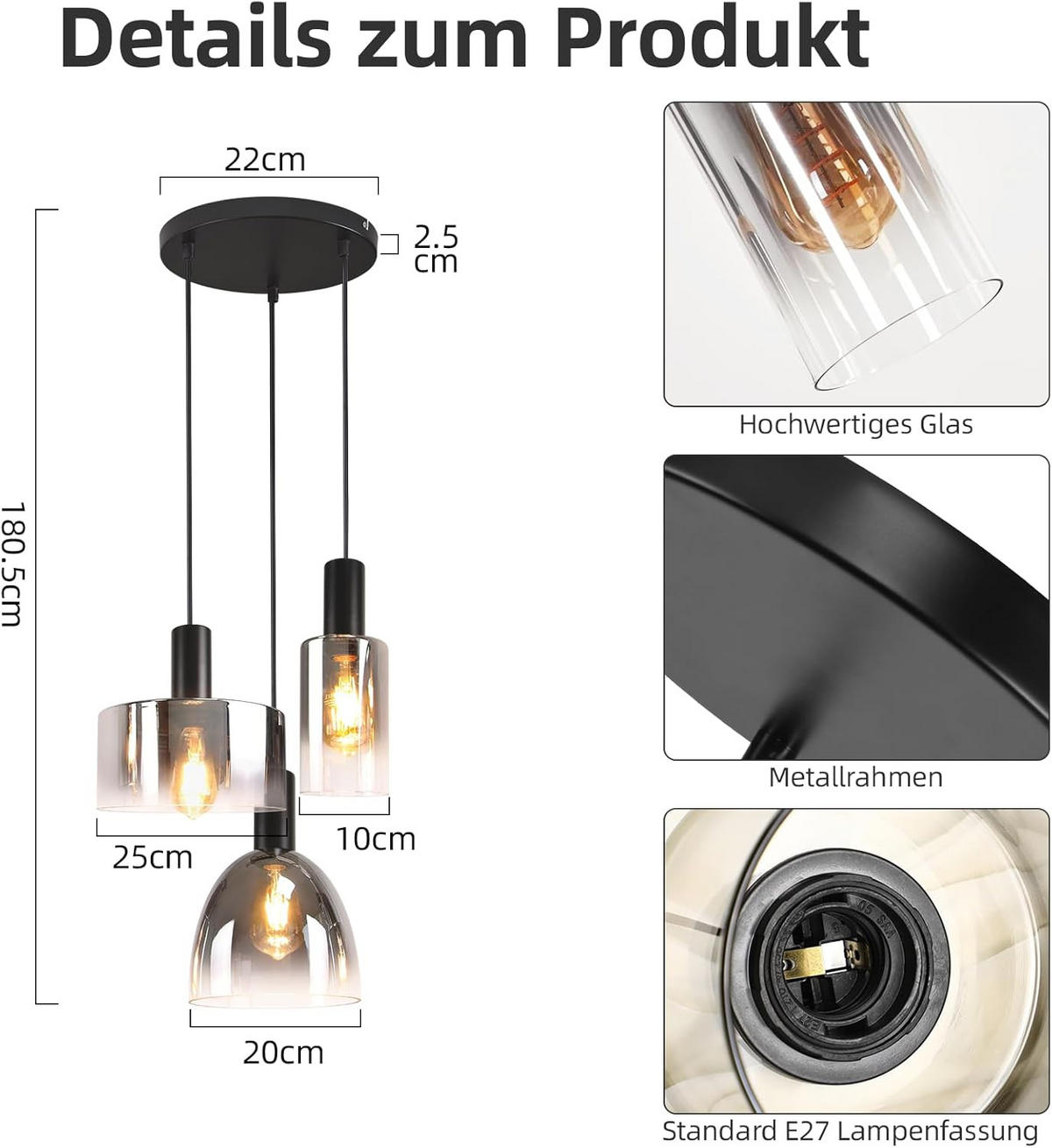 HÄNGELEUCHTE Zarag 25/25/180.5 cm - Schwarz, Metall (180.5/25/25cm) - ZMH