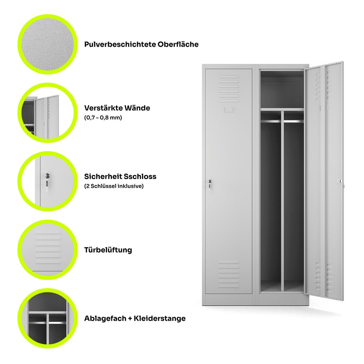 MEHRZWECKSCHRANK 2-türig aus Metall Hellgrau 80x180x50cm - Hellgrau, Metall (80/180/50cm) - Muralo