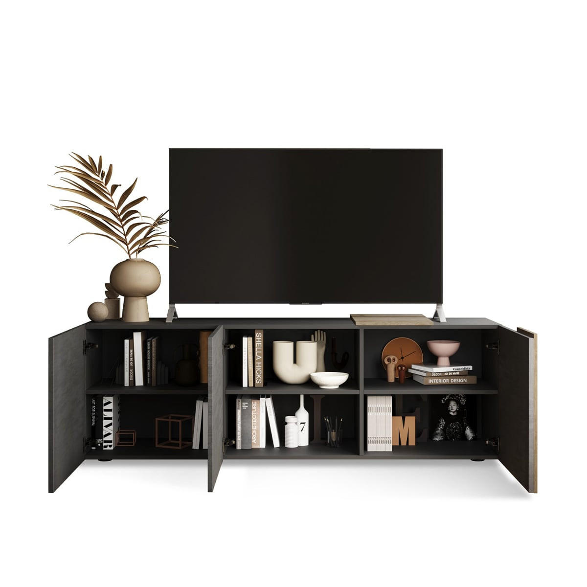 TV-MÖBEL 3 Schwingtüren Pluton - L181 cm - Apfelbaumfarben, Holzwerkstoff (44/57/181cm) - Calicosy