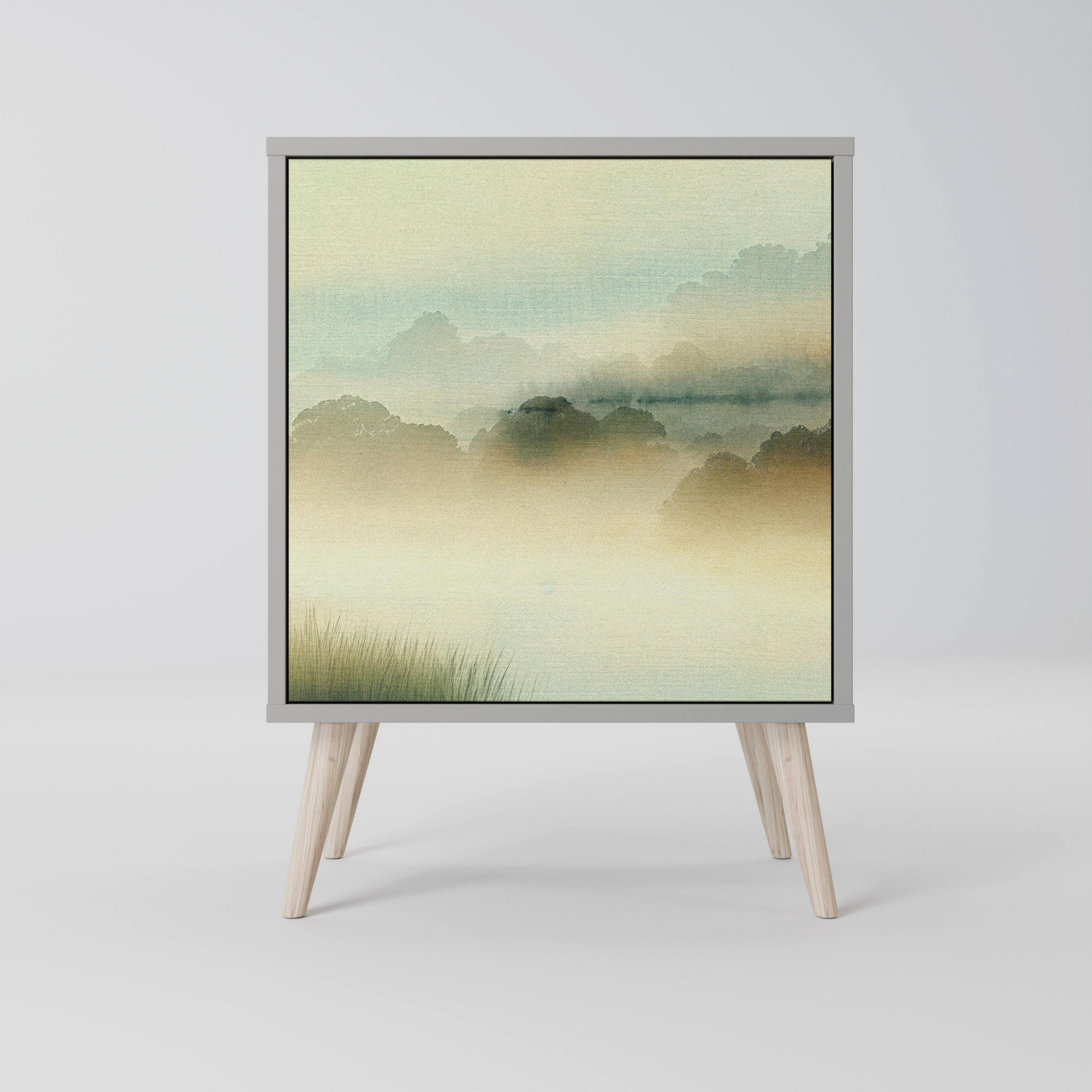 SIDEBOARD MORNING BY THE LAKE, Grau, 57,5x42x77,5 cm, Schräge Buchenholzfüße - Buchefarben/Multicolor, Holzwerkstoff/Buchenholz (57.5/77.5/42cm) - SpaceRebels
