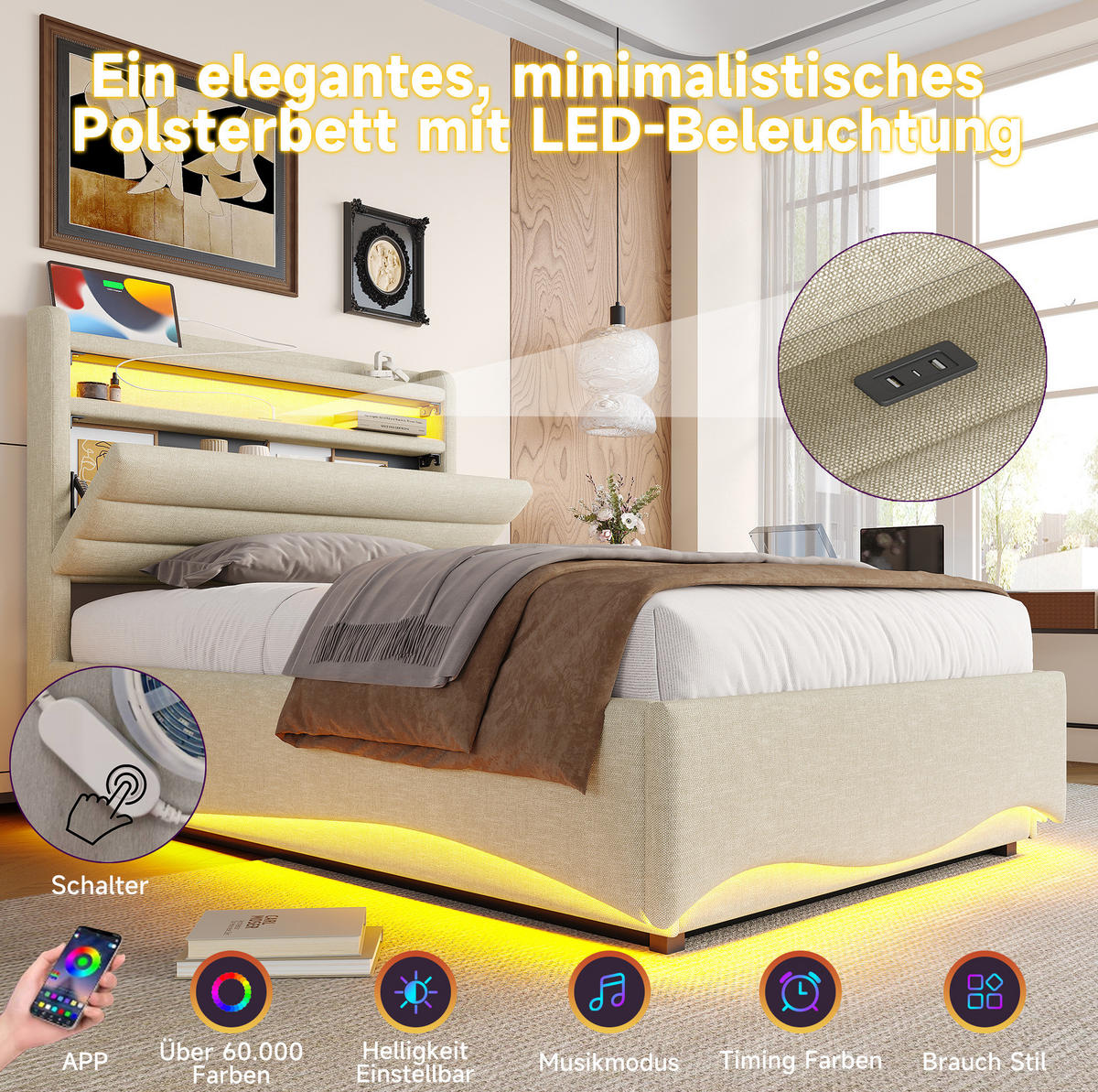 ČALÚNENÁ posteľ 90/200 cm z ľanu béžová, s LED osvetlením, hydraulickým úložným priestorom a USB/Typ-C - béžová, textil (90/200cm) - BEAOK