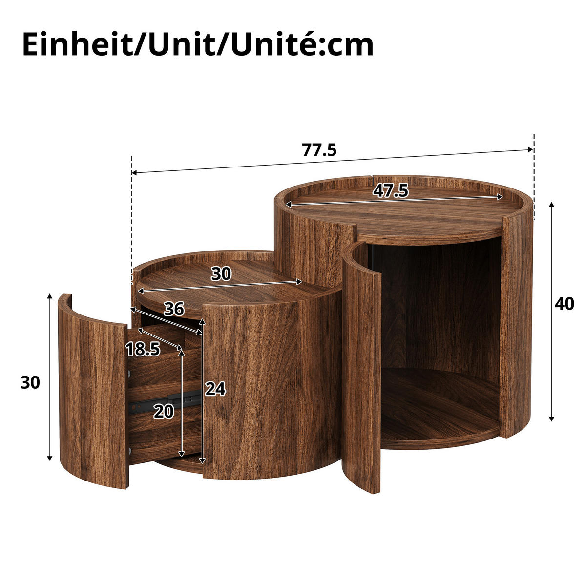 COUCHTISCH mit Stauraum, Schubladen, geschwungenen Türen - Walnussfarben, Holzwerkstoff (47.5/77.5/40cm) - FLIEKS