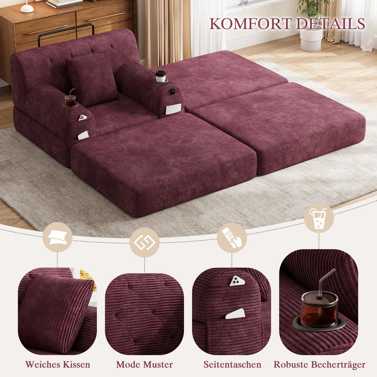 SCHLAFSOFA mit Hocker, Liegefunktion, Getränkehaltern und Seitentaschen in Weinrot aus Cord - Weinrot, Textil (191/60/162cm) - EVRYAE