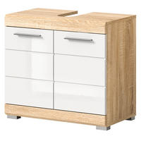 WASCHBECKENUNTERSCHRANK weiß Hochglanz und Sonoma Eiche, Bad Unterschrank 60 cm - Weiß Hochglanz/Eichefarben, Holzwerkstoff/Kunststoff (60/56/34cm) - Inn.Furn