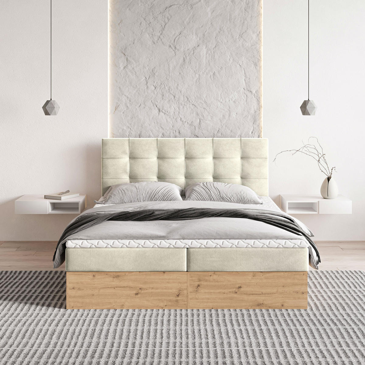 BOXBETT MOLVEN 180x200 cm mit Matratze und Topper - Creme - Creme, Holz (180/200cm) - MASSENO