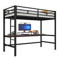 HOCHBETT mit Schreibtisch 90/200 cm in Schwarz – mit Leiter und LED-Lichtleiste - Schwarz, Metall (90/200cm) - BEAOK