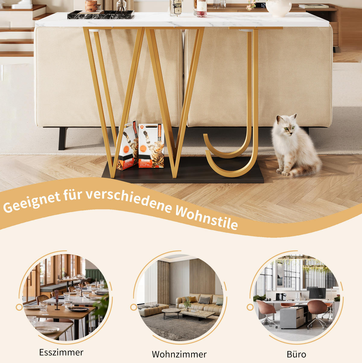 BEISTELLTISCH aus MDF und Metall 120x29,5x80 cm Weiß/Schwarz/Goldfarben mit Stauraum und Marmoroptik - Weiß, Holzwerkstoff (120/29.5/80cm) - Modfu