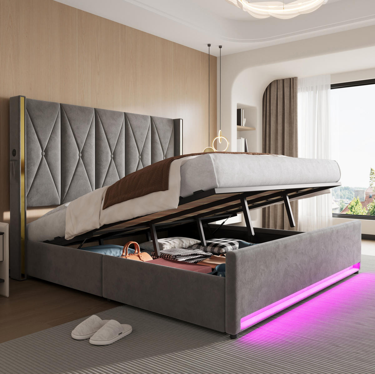 POLSTERBETT 180/200 cm mit LED-Beleuchtung, USB- und Type-C-Anschluss, Bettkasten und Seitentaschen, Dunkelgrau - Dunkelgrau, Textil (180/200cm) - Redom